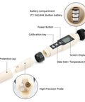 Digital Hydrogen Meter Water Quality Tester With ATC And Data Hold Function, showing components like battery compartment, probe, and LCD display.