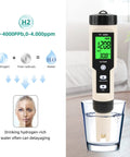 Digital Hydrogen Meter Water Quality Tester with ATC and Data Hold Function showing water test results in glass of water