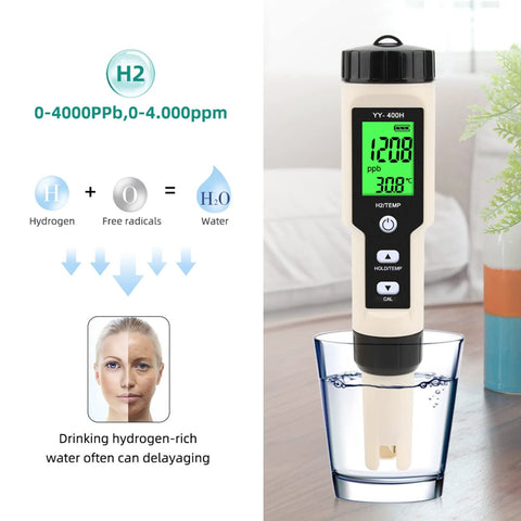 Digital Hydrogen Meter Water Quality Tester with ATC and Data Hold Function showing water test results in glass of water