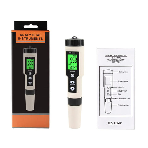 Digital Hydrogen Meter Water Quality Tester With ATC And Data Hold Function pen type with LCD display and manual