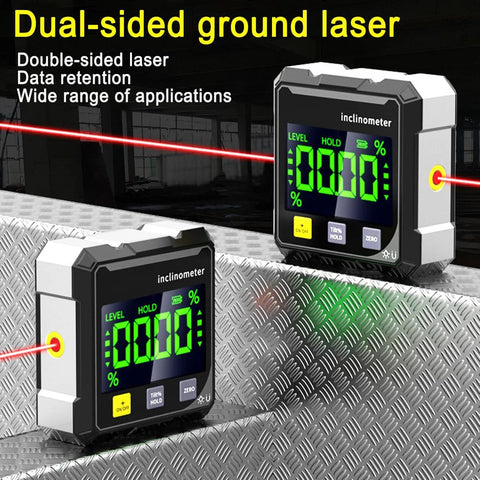 Dual-sided ground laser Angle Finder Inclinometer Protractor Tool With 4x90 Degree Range High Accuracy LED Display.