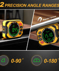 Two views of a Three In One Digital Laser Level With Magnetic Wall Mount Base And Digital Angle Gauge For Woodworking And Home Improvement Cross Line Laser With 0 To 90 Degree And 0 To 180 Degree Angles And Hands Free Mount For Picture Hanging Frames Sawing And More, showcasing angle readings and magnetic V-groove feature.