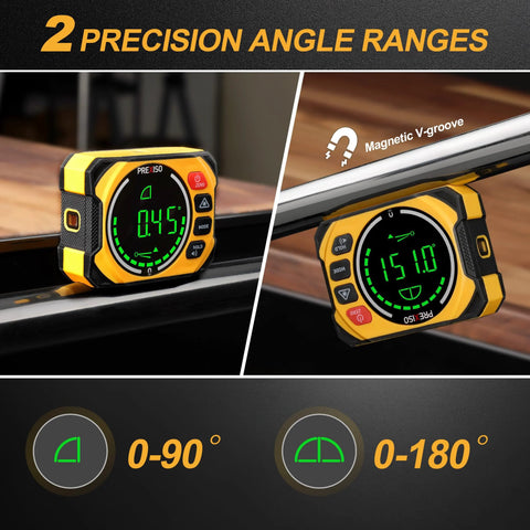 Two views of a Three In One Digital Laser Level With Magnetic Wall Mount Base And Digital Angle Gauge For Woodworking And Home Improvement Cross Line Laser With 0 To 90 Degree And 0 To 180 Degree Angles And Hands Free Mount For Picture Hanging Frames Sawing And More, showcasing angle readings and magnetic V-groove feature.