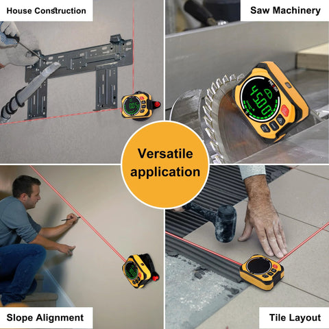 Three In One Digital Laser Level with Magnetic Wall Mount Base and Digital Angle Gauge for woodworking and home improvement in use.