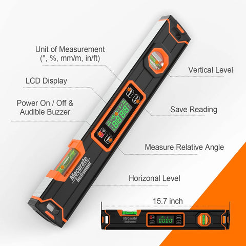 Digital Level 15.7 Inch With LCD Display And Magnetic Base 360 Degree Torpedo Level showing LCD, buttons, and measurement features