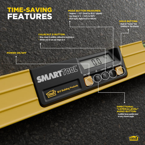 24 Inch Digital Level With LCD Readout And Audible Alerts, yellow heavy-duty aluminum frame with control buttons and features