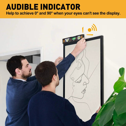 Two people using a Digital Level With 11.5 Inch LCD Display And 360 Degree Inclinometer For Vertical And Horizontal Angles on a wall frame.