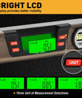 Close-up of Digital Level With 11.5 Inch LCD Display And 360 Degree Inclinometer, showing unit button and measurement options