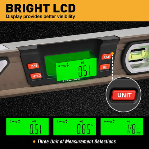 Close-up of Digital Level With 11.5 Inch LCD Display And 360 Degree Inclinometer, showing unit button and measurement options
