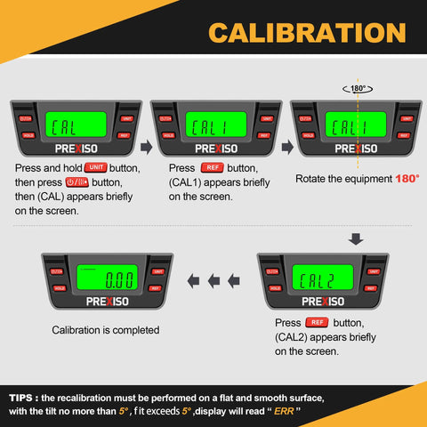 Calibration process for digital level with 11.5-inch LCD display and 360-degree inclinometer, showing steps and instructions on screen.