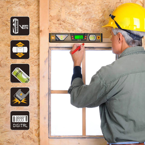 Construction worker using Digital Level With 11.5 Inch LCD Display And 360 Degree Inclinometer For Vertical And Horizontal Angles.