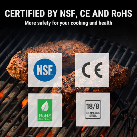 Grilled steak on a BBQ with NSF, CE, RoHS certification icons for Digital Meat Thermometer for Cooking, Instant Read Thermometer