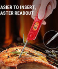Red digital meat thermometer inserted in grilled meat, showing temperature on backlit display. Digital Meat Thermometer for Cooking.