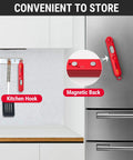 Digital Meat Thermometer for Cooking with magnetic back and kitchen hook, shown stored on a fridge and wall rack.