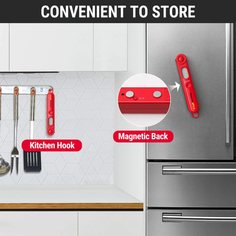 Digital Meat Thermometer for Cooking with magnetic back and kitchen hook, shown stored on a fridge and wall rack.