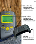Digital Moisture Meter, Water Leak Detector, Moisture Tester, Pin Type, Backlit LCD Display With Audible and Visual High-Medium-Low Moisture Content Alerts, Grays in use on wood surface