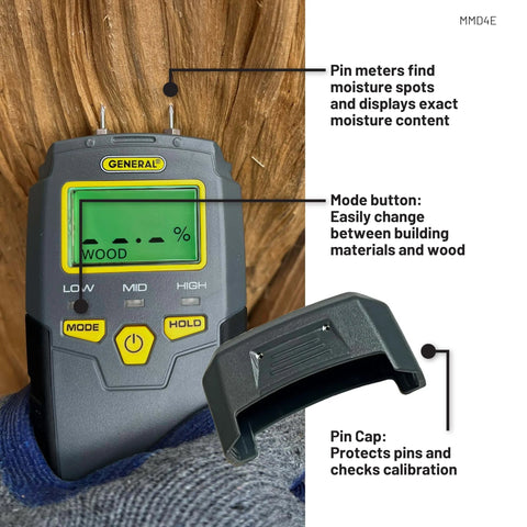Digital Moisture Meter, Water Leak Detector, Moisture Tester, Pin Type, Backlit LCD Display With Audible and Visual High-Medium-Low Moisture Content Alerts, Grays in use on wood surface