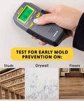 Digital Moisture Meter, Water Leak Detector, Moisture Tester, Pin Type, Backlit LCD Display With Audible and Visual High-Medium-Low Moisture Content Alerts, Grays in use on drywall.