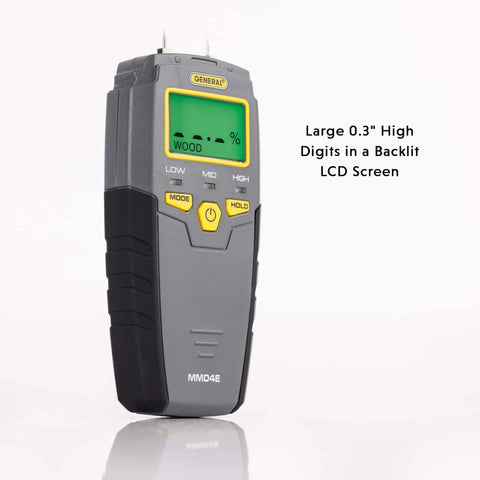 Digital Moisture Meter, Water Leak Detector, Pin Type, Backlit LCD, Gray with high-medium-low alerts, front view.