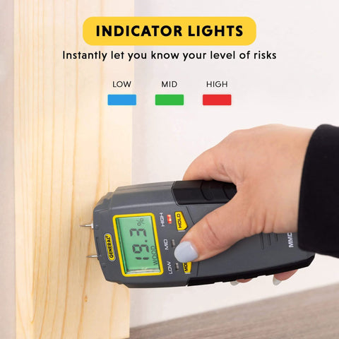 Hand using Digital Moisture Meter, Water Leak Detector, Moisture Tester, Pin Type, Backlit LCD Display With Audible and Visual High-Medium-Low Alerts
