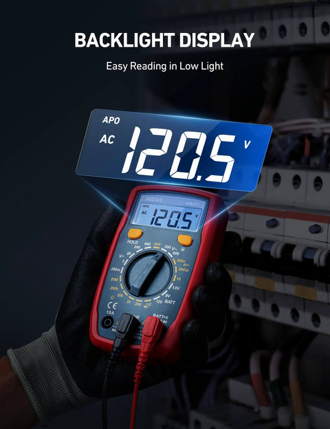 Hand holding Digital Multimeter Tester 2000 Counts with DC AC Voltmeter and Ohm Volt Amp Meter; displaying 120.5 volts