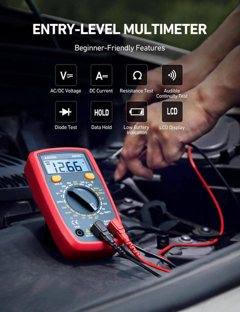Digital Multimeter Tester 2000 Counts with DC AC Voltmeter and Ohm Volt Amp Meter; Measures Voltage, Current, Resistance, Continuity and Diode, Blue, on car engine