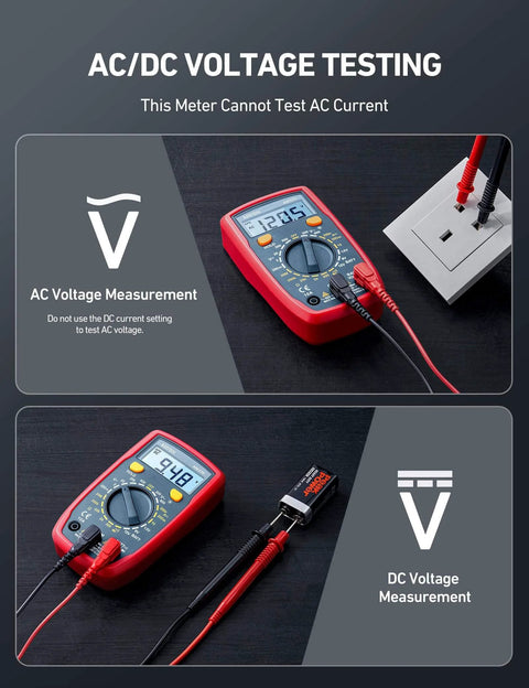 Digital Multimeter Tester 2000 Counts with DC AC Voltmeter measuring voltage, shown in red for electrical diagnostics, blue display.