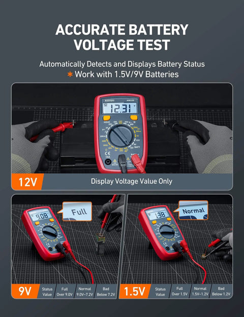 Digital Multimeter Tester 2000 Counts with DC AC Voltmeter and Ohm Volt Amp Meter, showing battery voltage test.