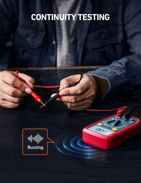 Person using Digital Multimeter Tester 2000 Counts with DC AC Voltmeter and Ohm Volt Amp Meter for continuity testing, blue.