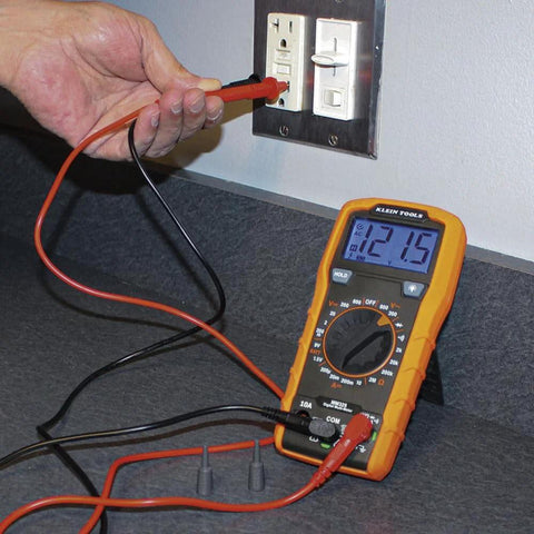 Multimeter, Digital Manual-Ranging 600V AC/DC Voltage Tester, used for measuring voltage from an electrical outlet.