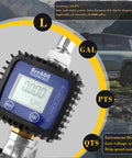 Oil Control Valve Meter Nozzle One Half Inch Inlet Digital Dispenser With LCD Metering Gun shown with vehicle in background