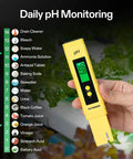 Hand holding a yellow digital pH meter for daily monitoring with a pH scale chart, Digital pH and TDS Meter Kits.