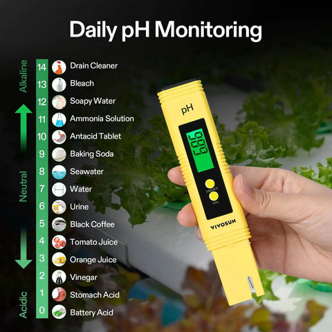 Hand holding a yellow digital pH meter for daily monitoring with a pH scale chart, Digital pH and TDS Meter Kits.