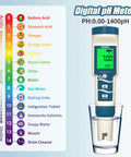 Discover the Ultimate 4-in-1 Digital PH ORP H2 Temperature Meter with ATC shown with pH scale and water glass.