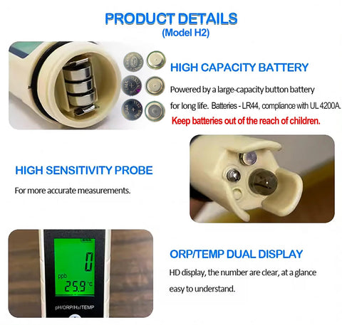 4 In 1 Digital pH ORP H2 Temperature Meter With ATC showing high capacity battery, sensitivity probe, and dual ORP/temp display
