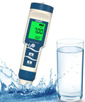 Discover the Ultimate 4-in-1 Digital PH ORP H2 Temperature Meter with ATC for Super Accurate Water Quality Testing next to water glass