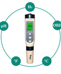 4 In 1 Digital pH ORP H2 Temperature Meter with ATC, showing display for water testing, surrounded by measurement indicators.