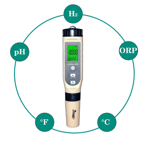 4 In 1 Digital pH ORP H2 Temperature Meter with ATC, showing display for water testing, surrounded by measurement indicators.