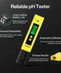 Yellow Digital pH and TDS Meter Kits, 0.01pH High Accuracy Pen Type with backlit LCD display, features and benefits shown on black background.