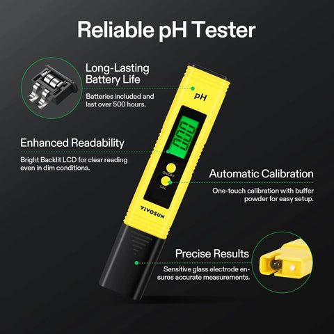 Yellow Digital pH and TDS Meter Kits, 0.01pH High Accuracy Pen Type with backlit LCD display, features and benefits shown on black background.