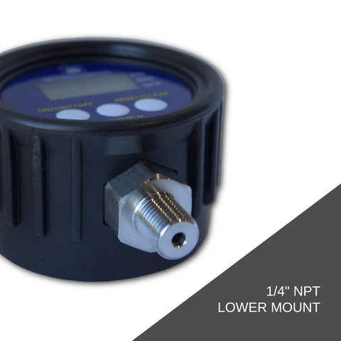 Digital Pressure Gauge With LCD Display For Industrial Use User Friendly Easy Readout Battery Powered By 9V Battery Included 1 Percent Accuracy 300 Psig Maximum Operating Pressure One Quarter Twenty Eighteen NPT Male Connector Auto Battery Saver Durable with 1/4 NPT lower mount