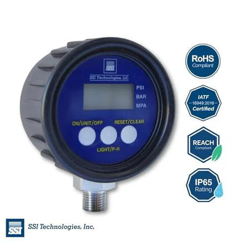 Digital Pressure Gauge With LCD Display For Industrial Use User Friendly Easy Readout Battery Powered By 9V Battery Included 1 Percent Accuracy 300 Psig Maximum Operating Pressure One Quarter Twenty Eighteen NPT Male Connector Auto Battery Saver Durable.