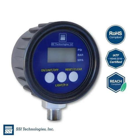 Front view of MG1 9V Series Digital Pressure Gauge With LCD Display 1000 Psi Operating Pressure Battery Powered 9V 1 Percent Accuracy