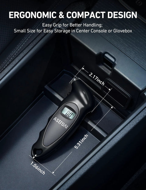 Digital Tire Pressure Gauge 0-150 PSI With 0.1 PSI Accuracy Backlit LCD Presta Valve Adapter in car console