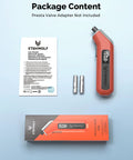 Digital Tire Pressure Gauge 3 To 200 PSI ANSI B40.7 Grade 2A Plus Minus 0.5 Percent Accuracy Industrial Calibrated Replaceable AAA Batteries Quick Readouts Durable Vivid Orange Gauge For Cars Trucks SUVs, shown with packaging and batteries.