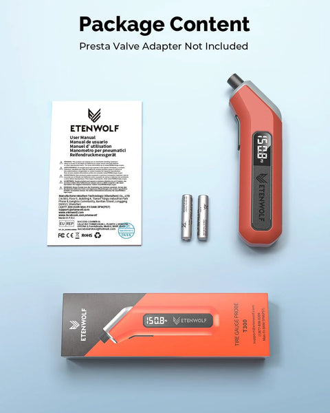Digital Tire Pressure Gauge 3 To 200 PSI ANSI B40.7 Grade 2A Plus Minus 0.5 Percent Accuracy Industrial Calibrated Replaceable AAA Batteries Quick Readouts Durable Vivid Orange Gauge For Cars Trucks SUVs, shown with packaging and batteries.