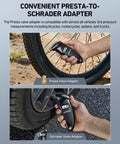 Digital Tire Pressure Gauge 0-150 PSI With 0.1 PSI Accuracy Backlit LCD Presta Valve Adapter in use on bicycle and car tire
