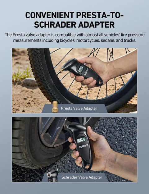 Digital Tire Pressure Gauge 0-150 PSI With 0.1 PSI Accuracy Backlit LCD Presta Valve Adapter in use on bicycle and car tire