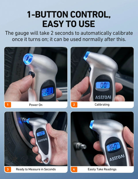 Digital Tire Pressure Gauge 0 To 150 PSI With Backlit LCD And Presta Valve Adaptor Included, four view montage of usage