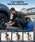 Man using Digital Tire Pressure Gauge With Inflator 3 to 250 PSI Air Chuck And Quick Connect Coupler on car tire